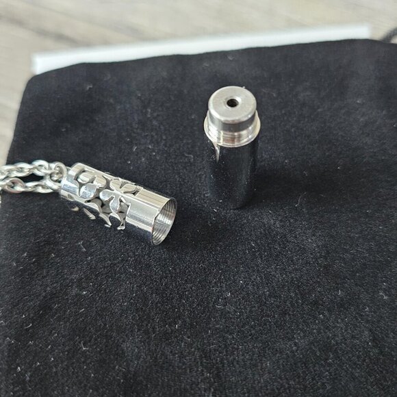 Silver Tone Stainless Steel Cylinder Floral Swirl Essential Oil Pendant Necklace - Picture 7 of 8